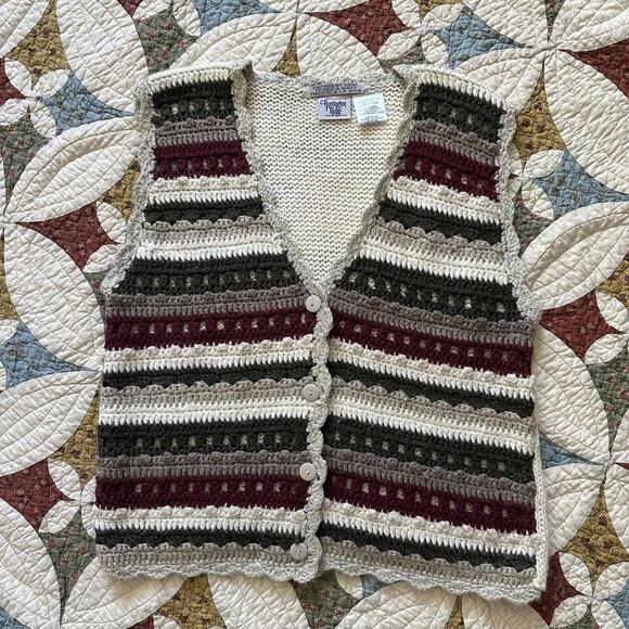 American Vintage Jackets & Blazers - Vintage green and burgundy hand knit cottagecore boho granola vest